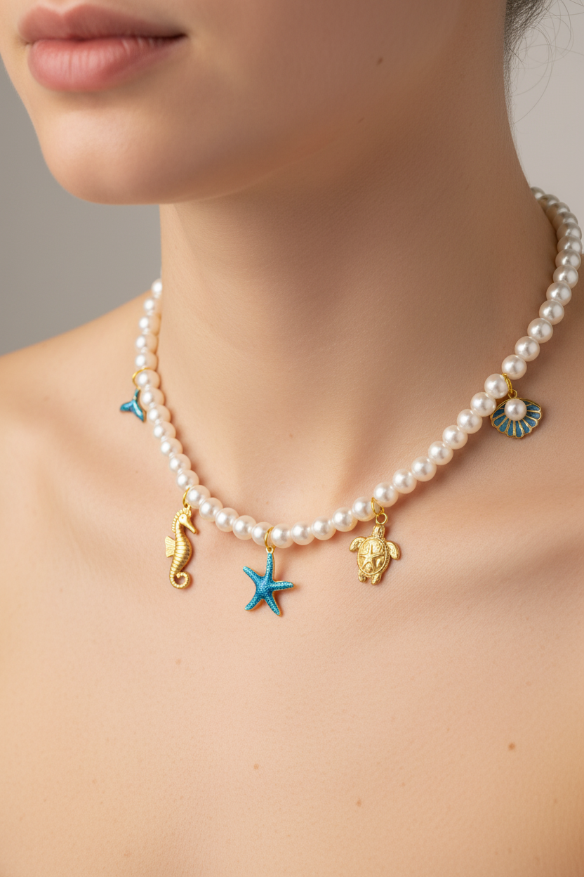 Close-up of ocean pearl necklace on neck