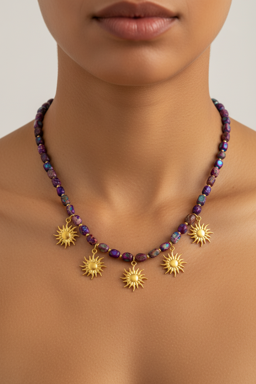 Close-up of purple necklace on caramel skin tone