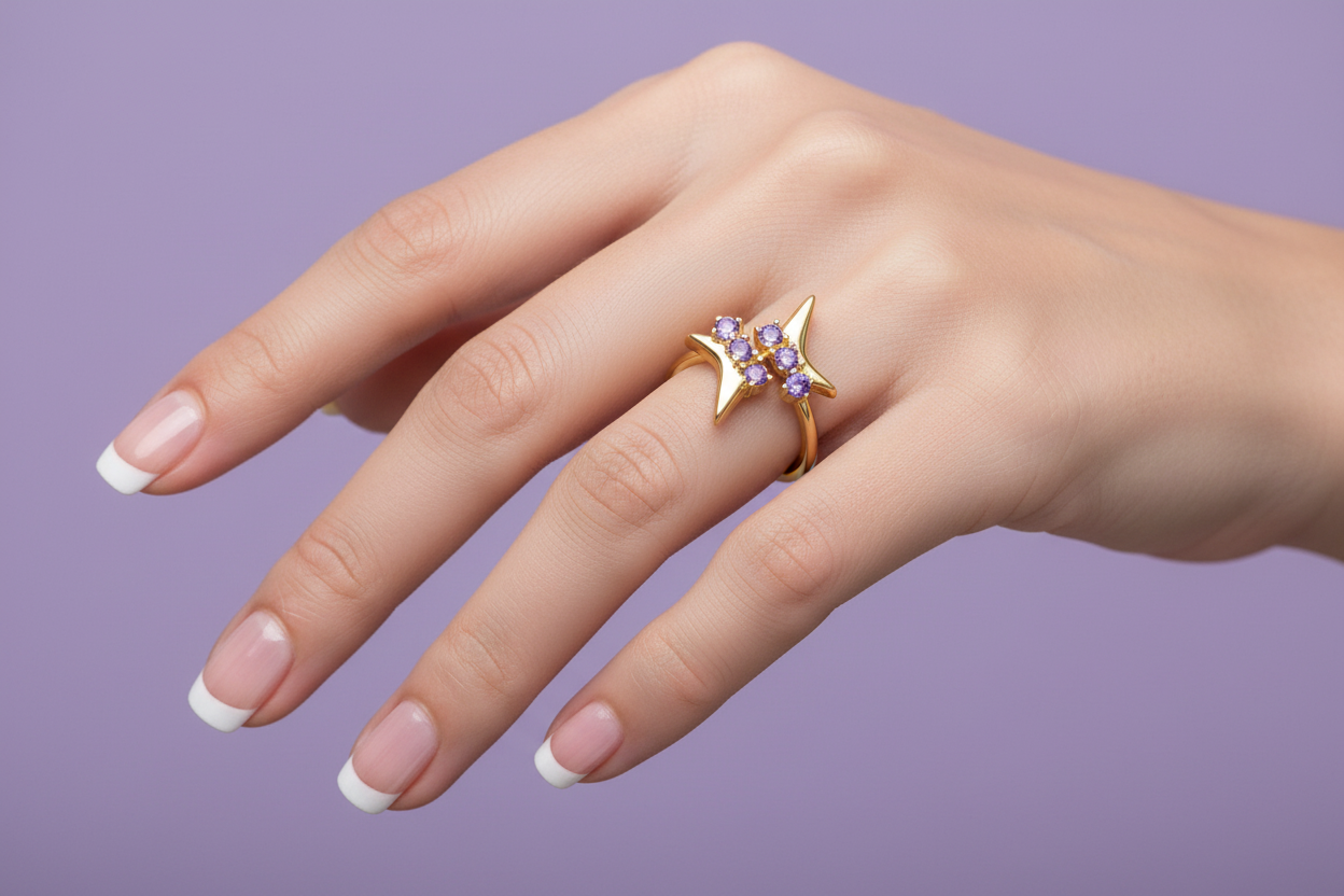 Delicate hand with French manicure wearing dainty purple gemstone ring on lilac background